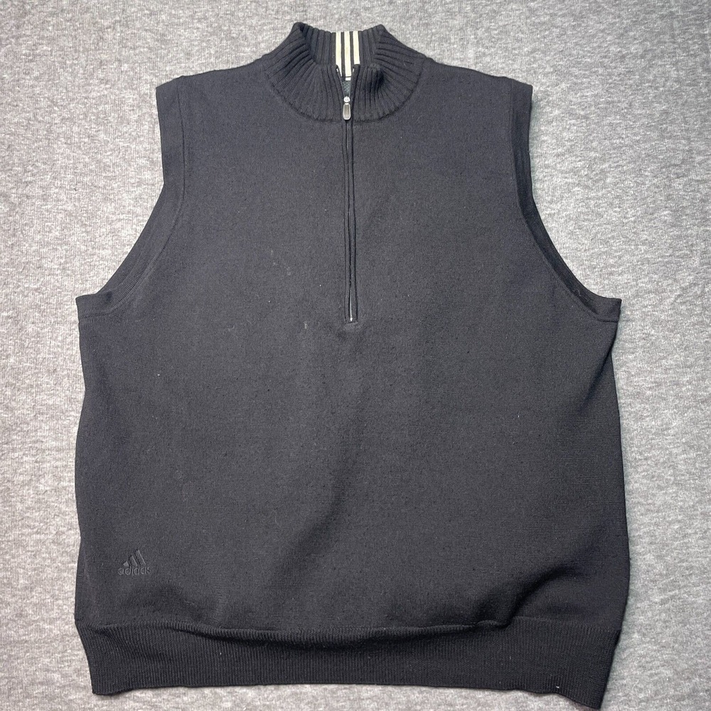 Vintage Adidas‎ Mens Wool Sweater Vest 1/4 Zip Warm Black Large EUC Golf Rare